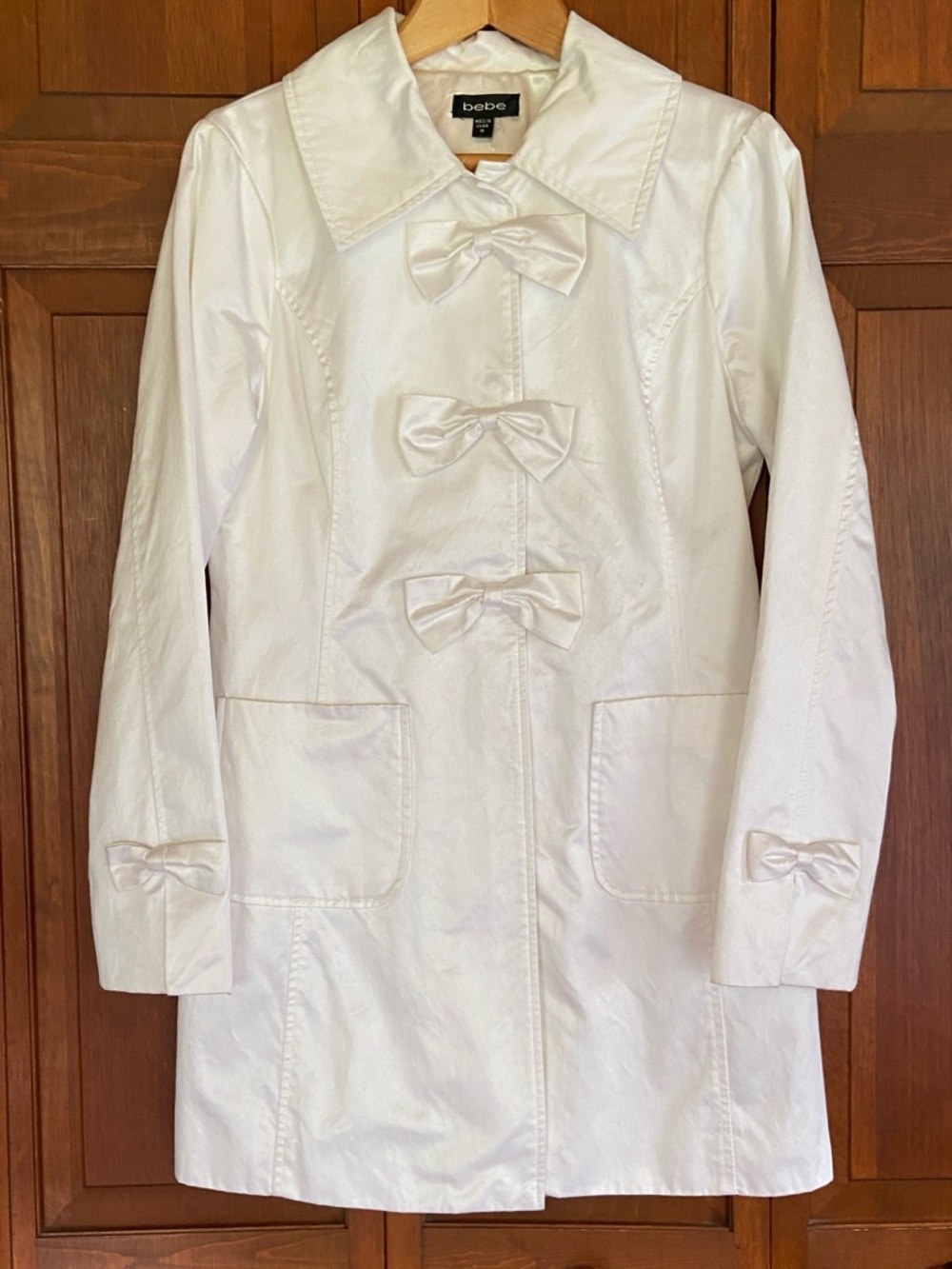 bebe White Satin Pea Coat with Bow Details